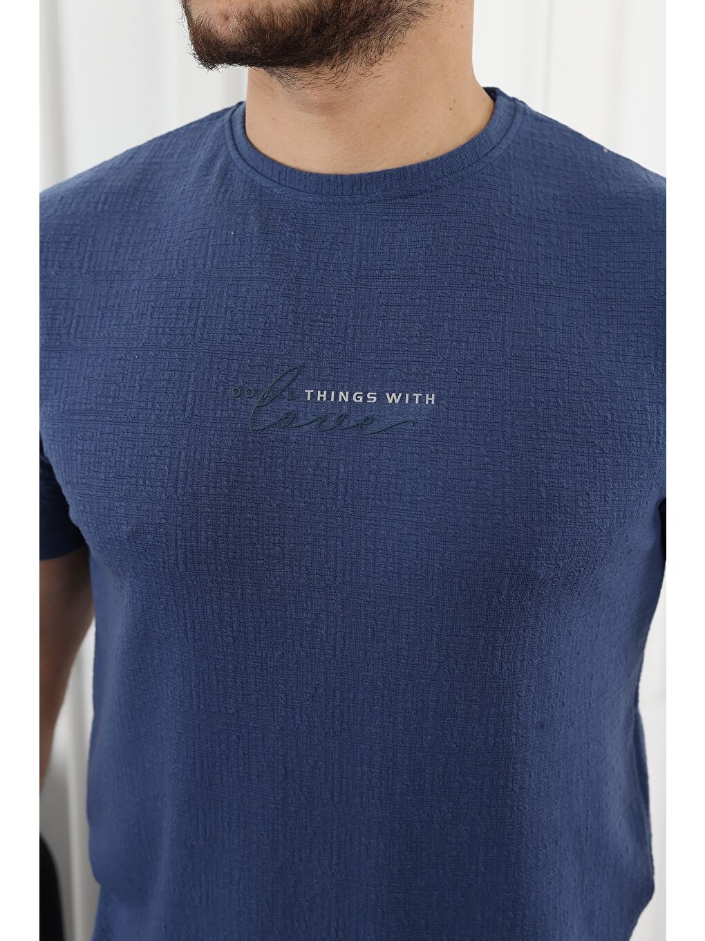 Lacivert Kendinden Desenli Baskılı Tişört-1