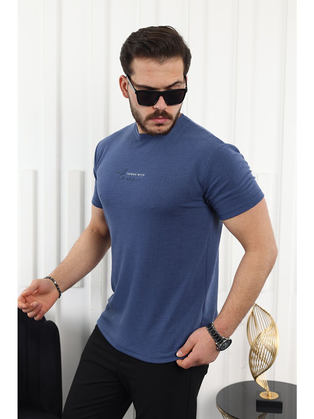 Lacivert Kendinden Desenli Baskılı Tişört-2