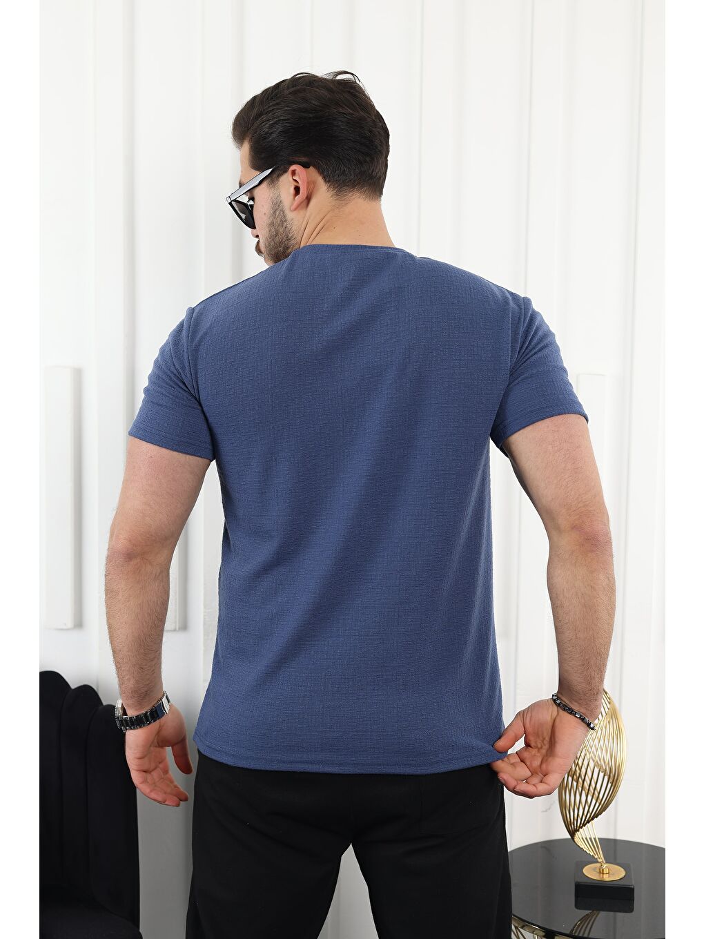 Lacivert Kendinden Desenli Baskılı Tişört-3