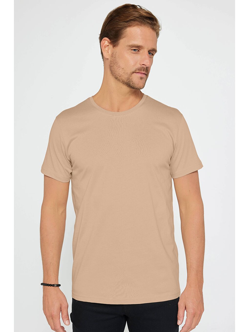 Bej Unisex Slim Fit Dar Kesim %100 Pamuk Yumuşak Dokulu Vizon Renk Bisiklet Yaka Tişört-3