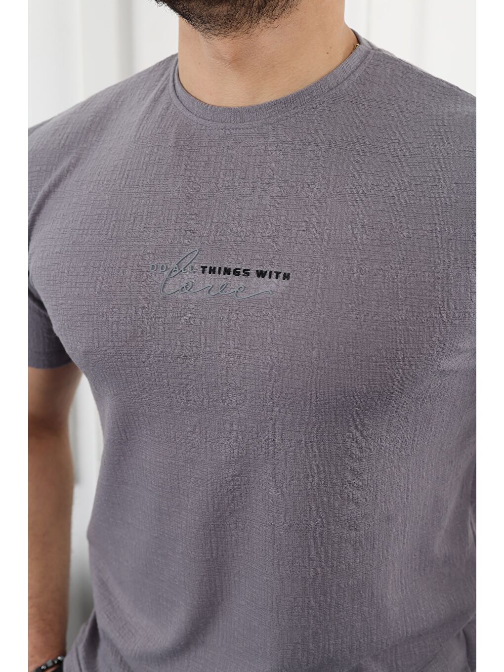 Gri Kendinden Desenli Baskılı Tişört-1