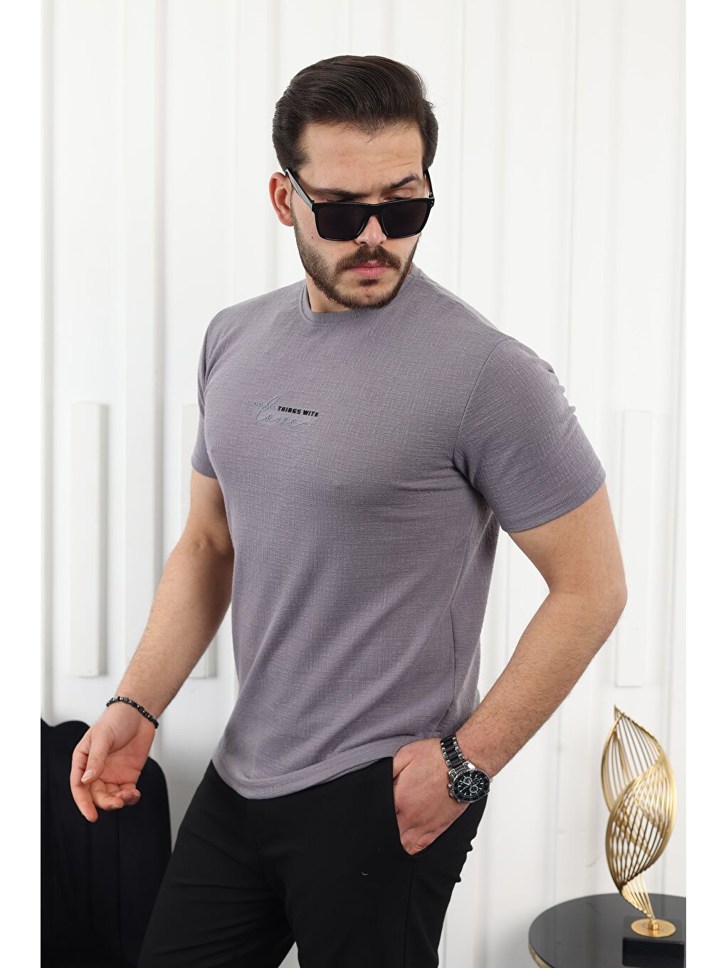 Gri Kendinden Desenli Baskılı Tişört-2