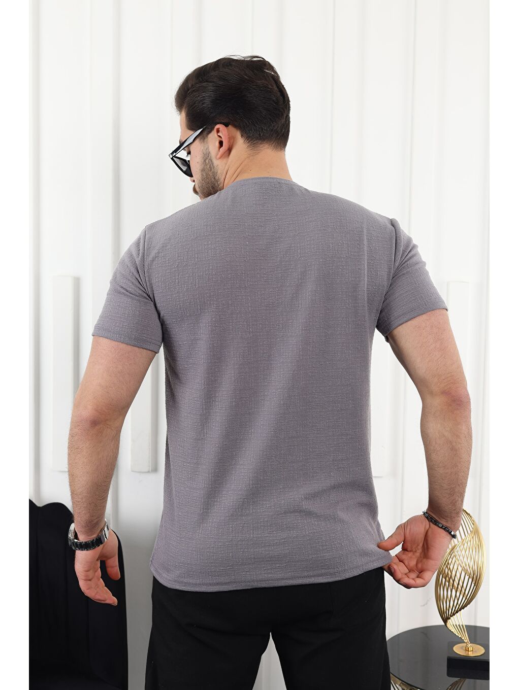 Gri Kendinden Desenli Baskılı Tişört-3