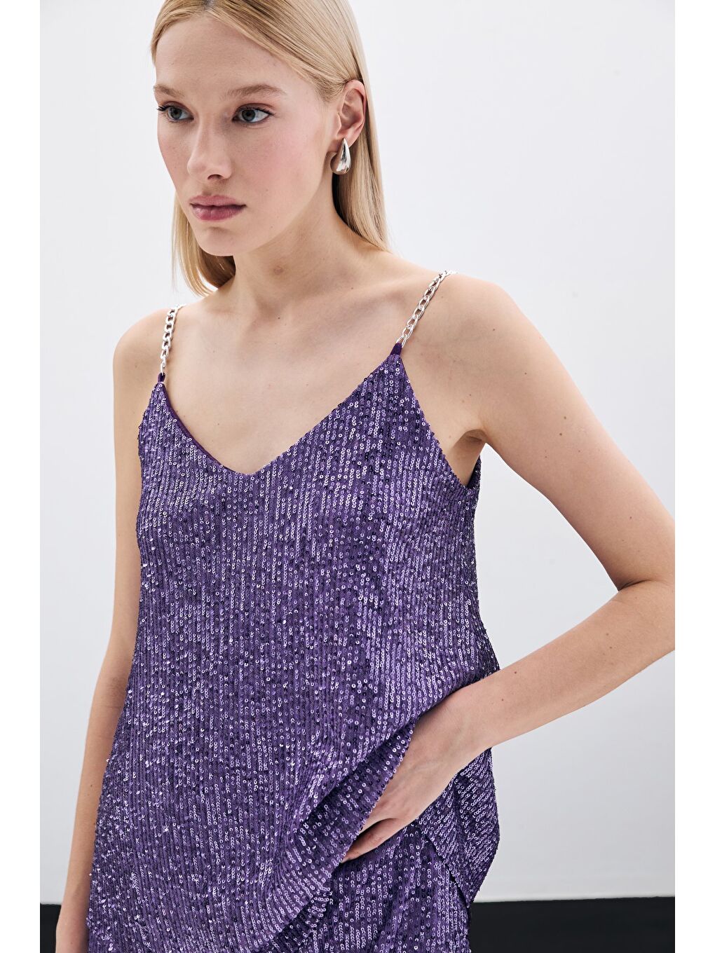 Zincir Askılı Payet Bluz - Mor-1