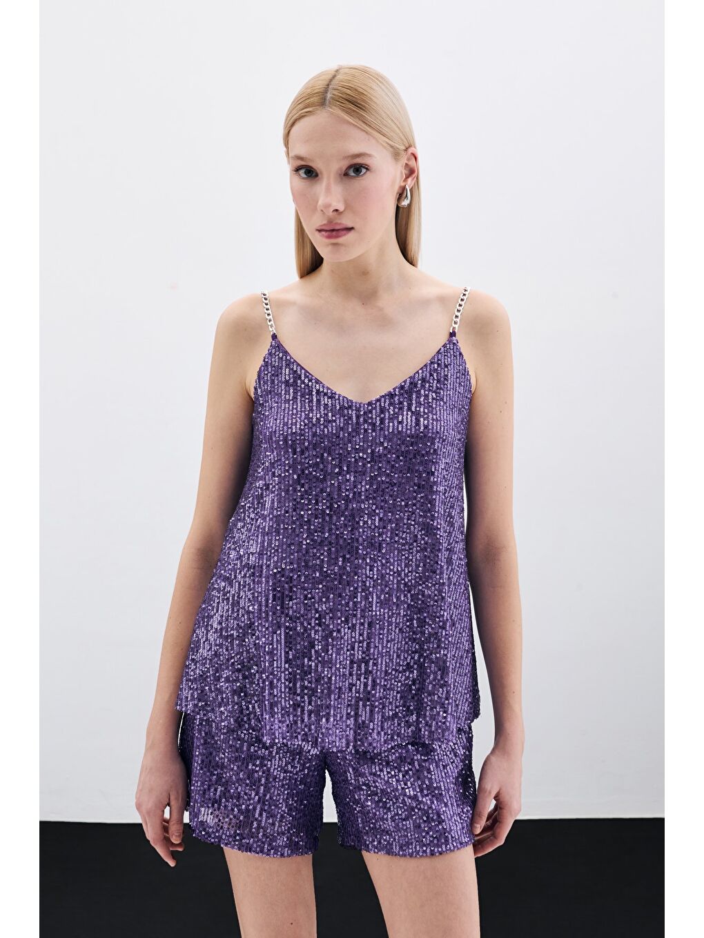 Zincir Askılı Payet Bluz - Mor-2