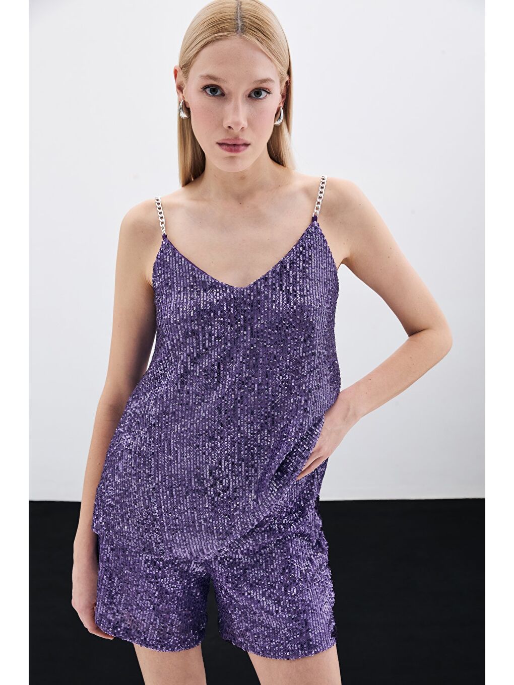 Zincir Askılı Payet Bluz - Mor-3