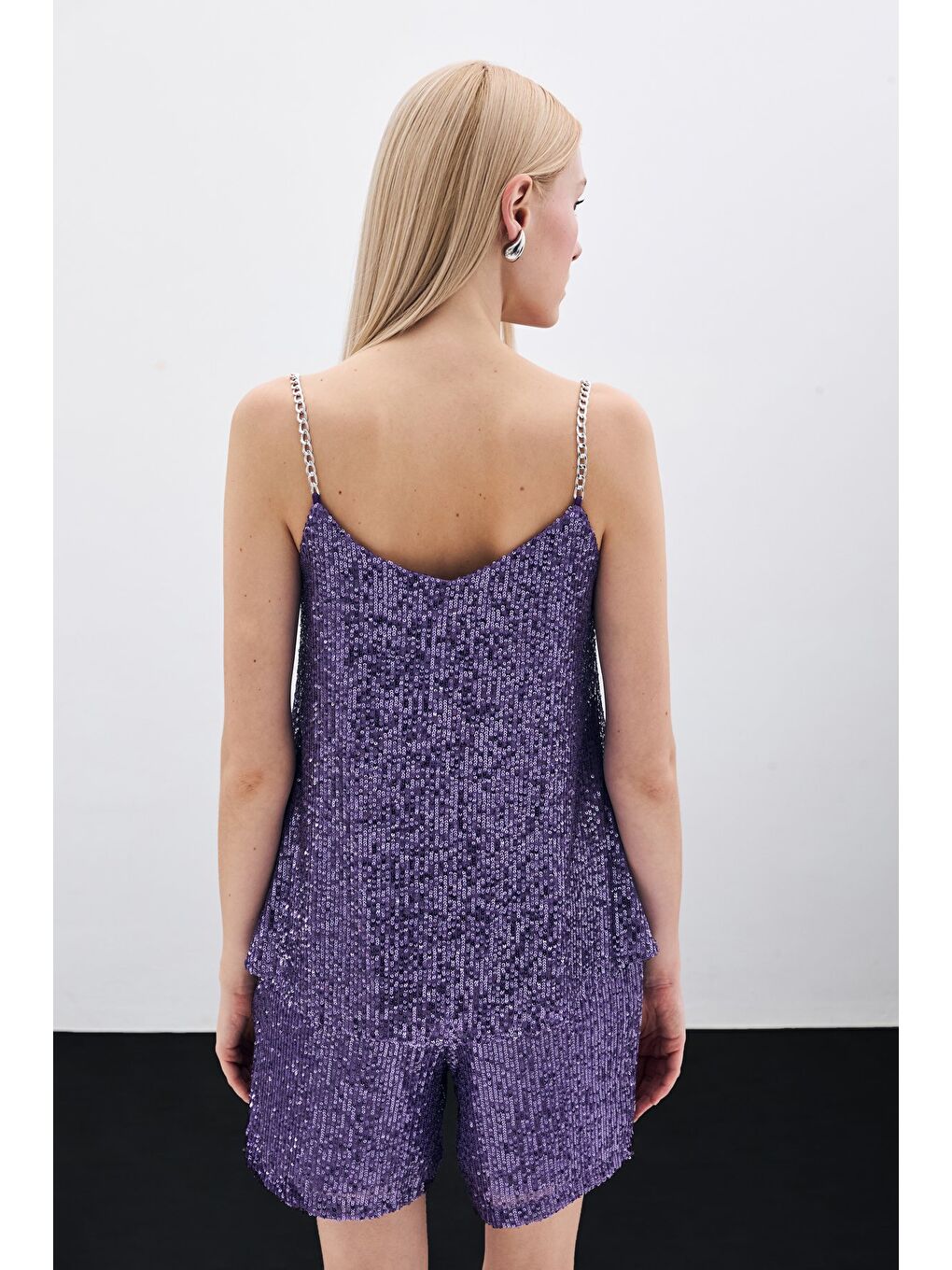 Zincir Askılı Payet Bluz - Mor-4