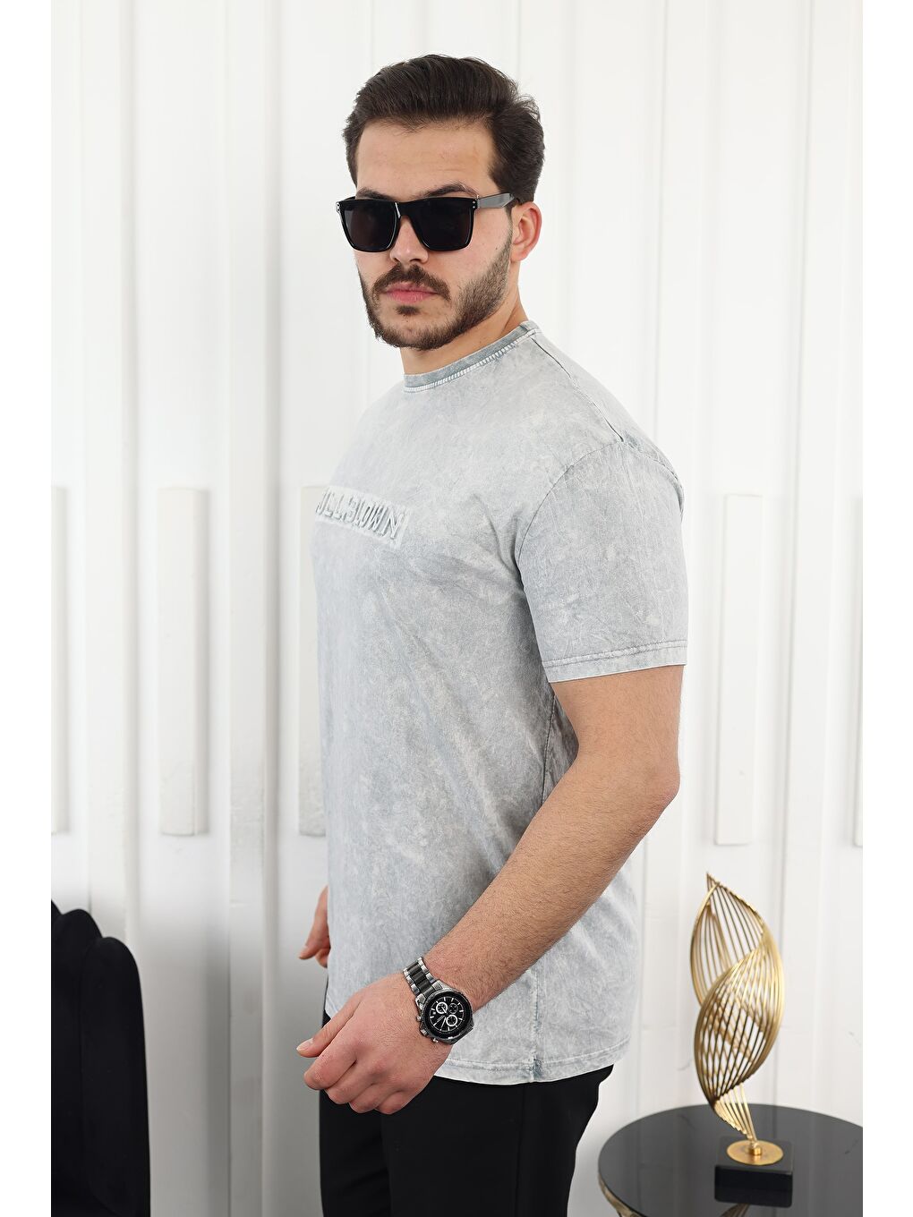 Gri Kabartma Baskılı Tişört-2