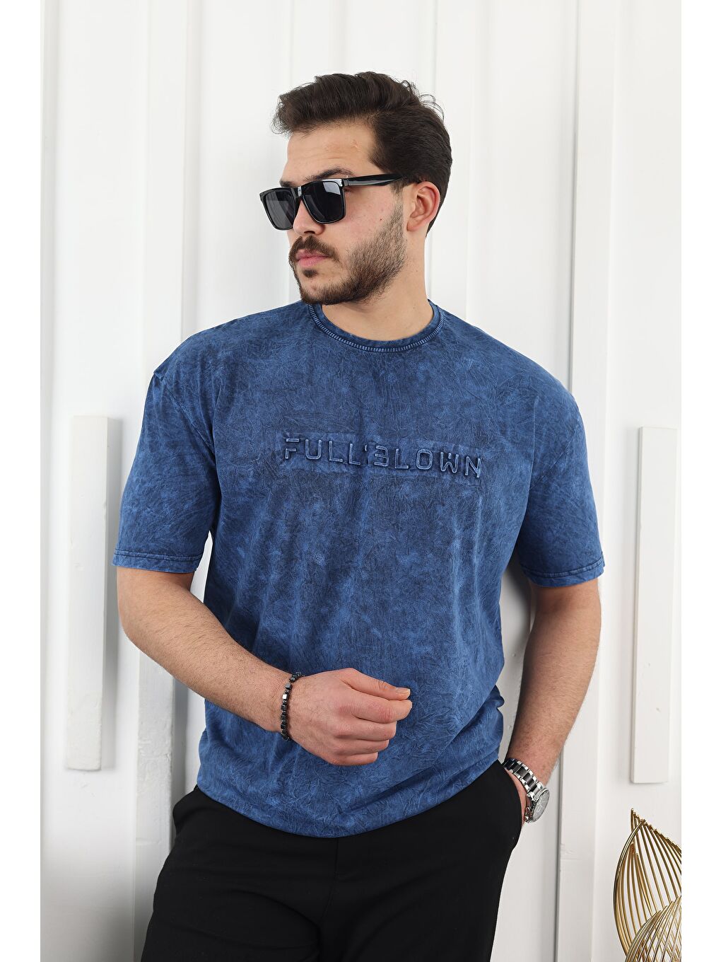 Lacivert Kabartma Baskılı Tişört-2