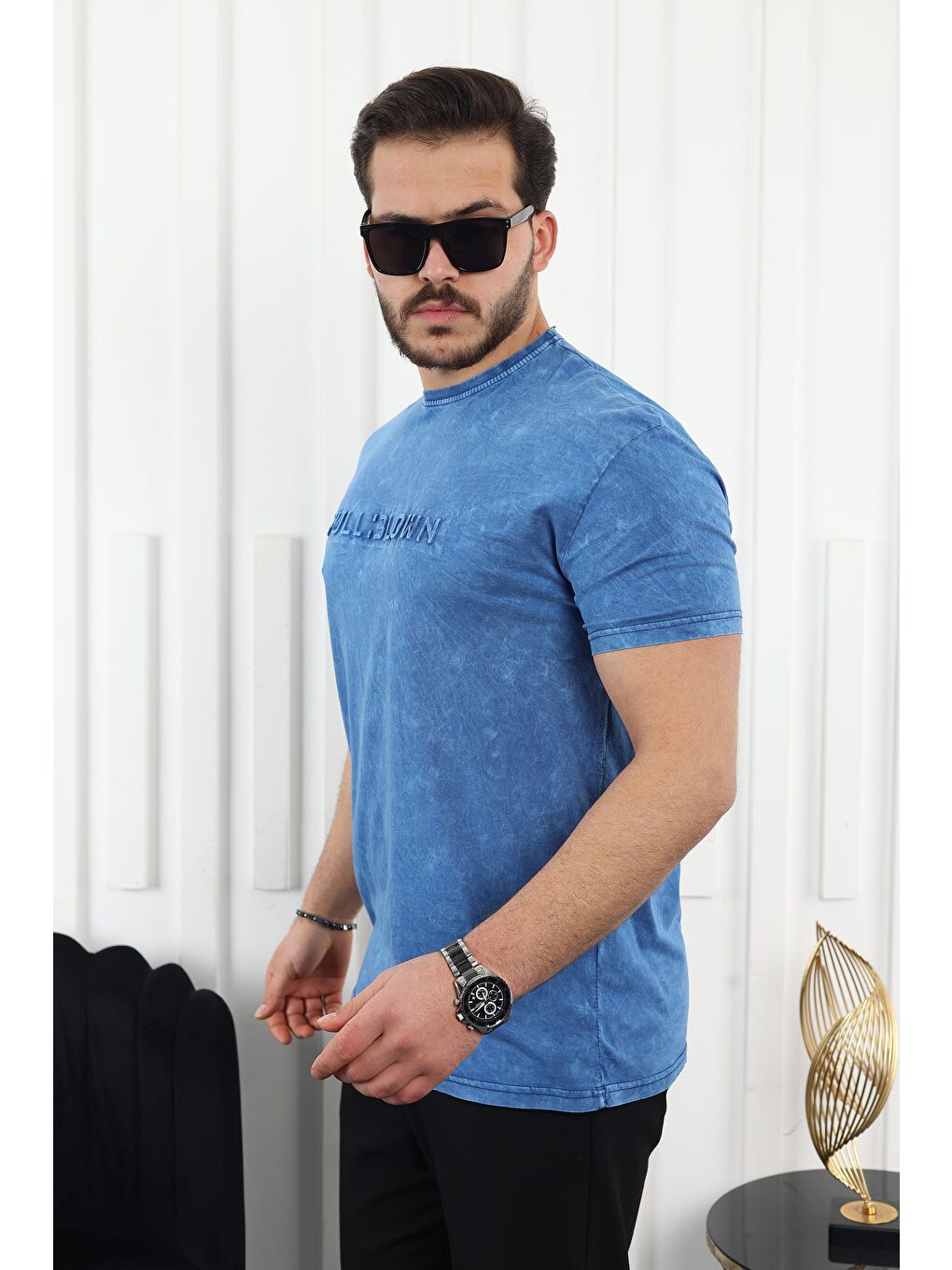 Mavi Kabartma Baskılı Tişört-2