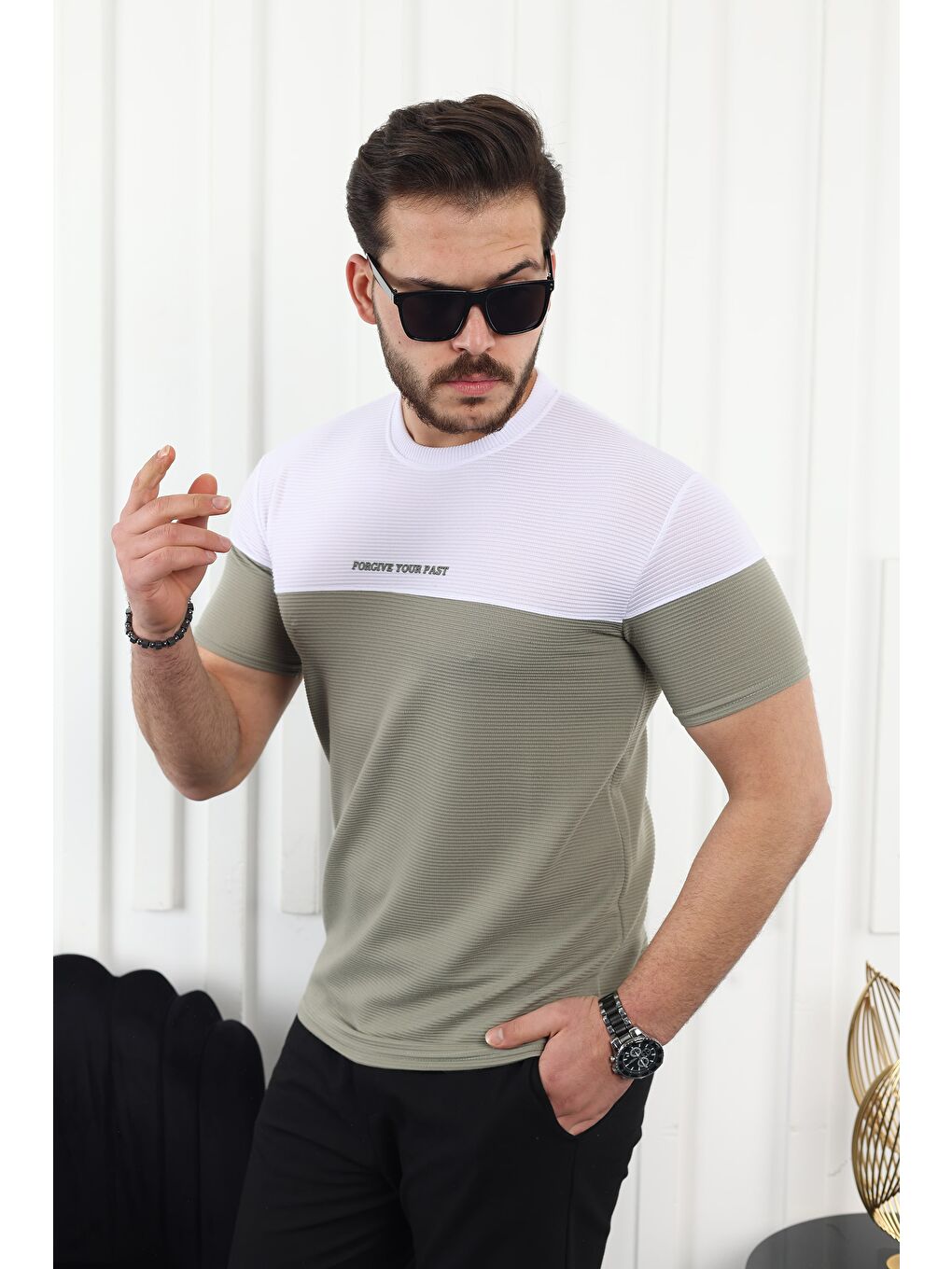 Yeşil Çift Renk Baskılı Tişört-2