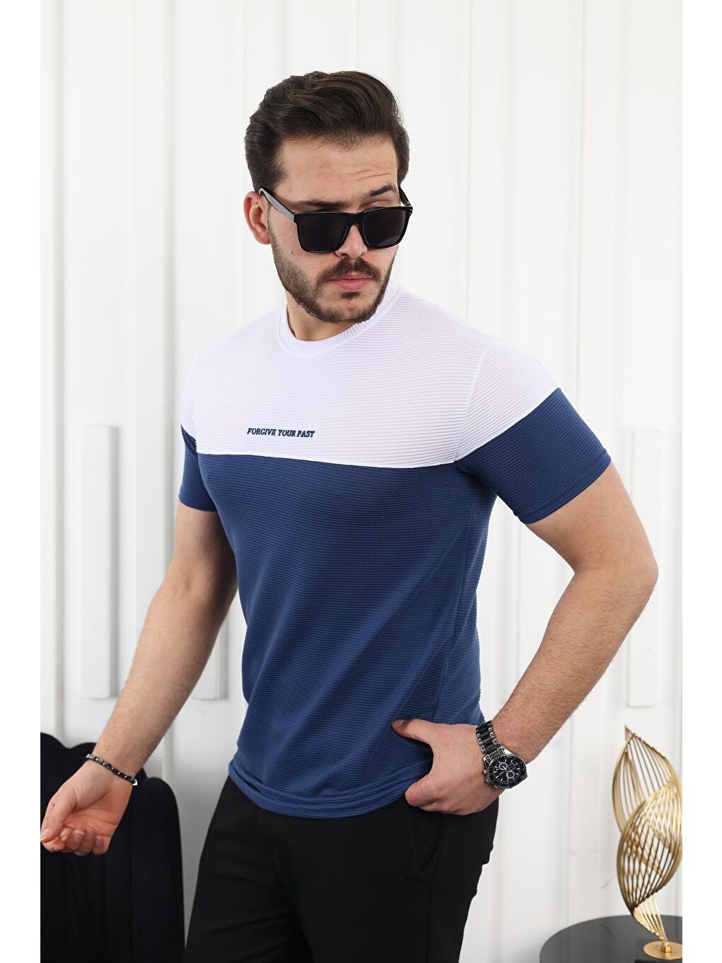 Lacivert Çift Renk Baskılı Tişört-2