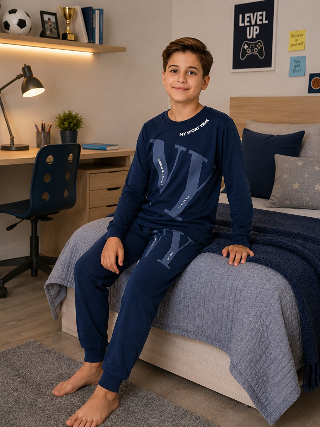 Mavi Erkek Çocuk %100 Doğal Pamuk Manşet Paça Uzun Kollu Pijama Takımı