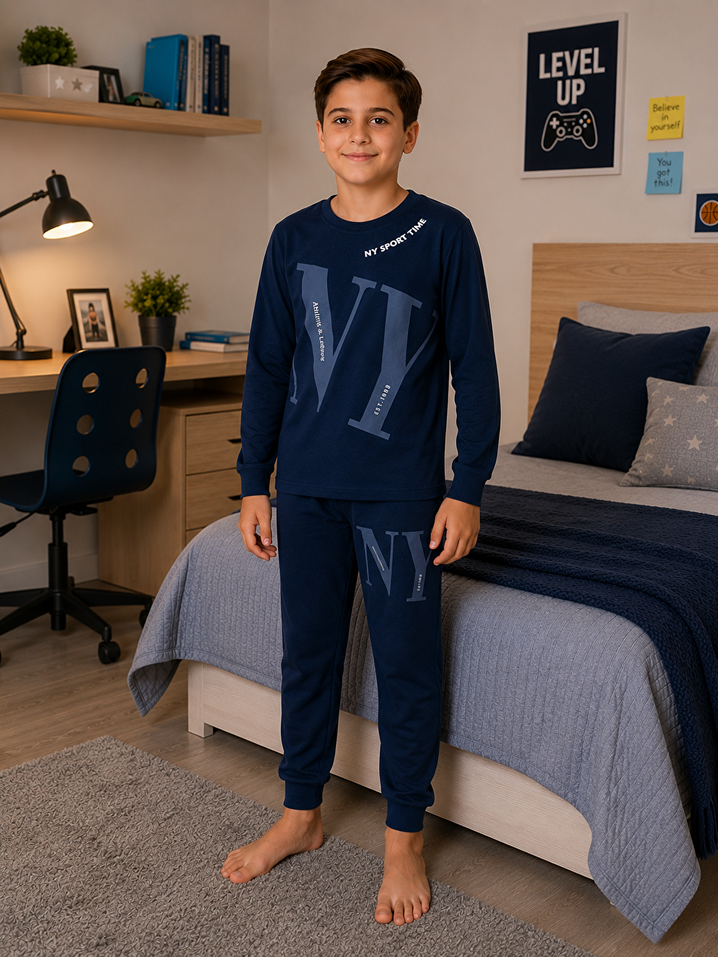 Mavi Erkek Çocuk %100 Doğal Pamuk Manşet Paça Uzun Kollu Pijama Takımı-1