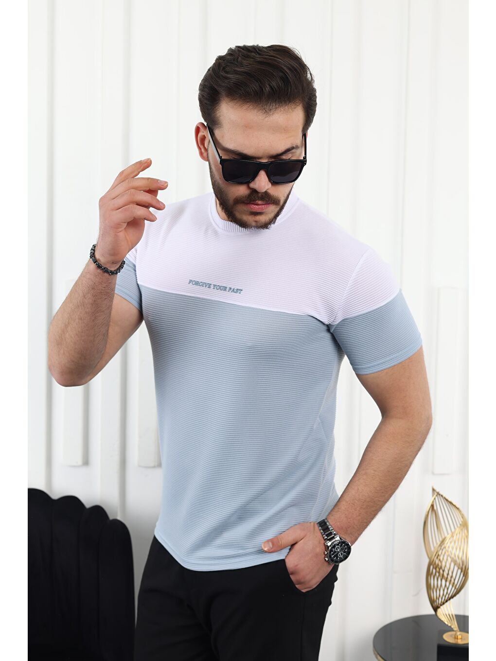 Mavi Çift Renk Baskılı Tişört-2