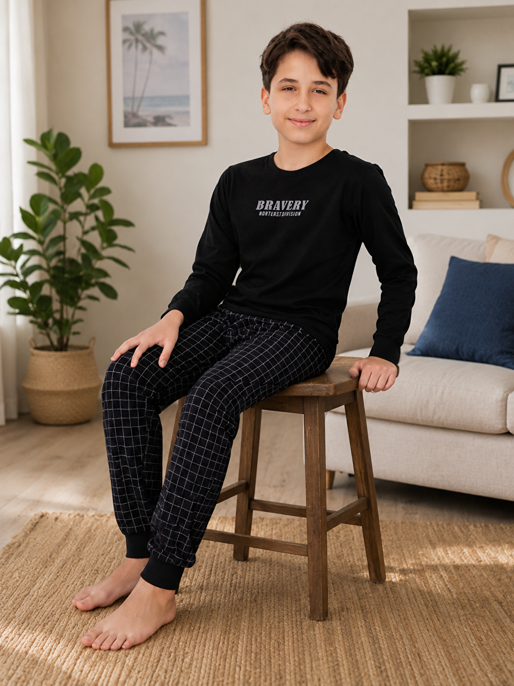 Siyah Erkek Çocuk %100 Doğal Pamuk Manşet Paça Uzun Kollu Pijama Takımı-1