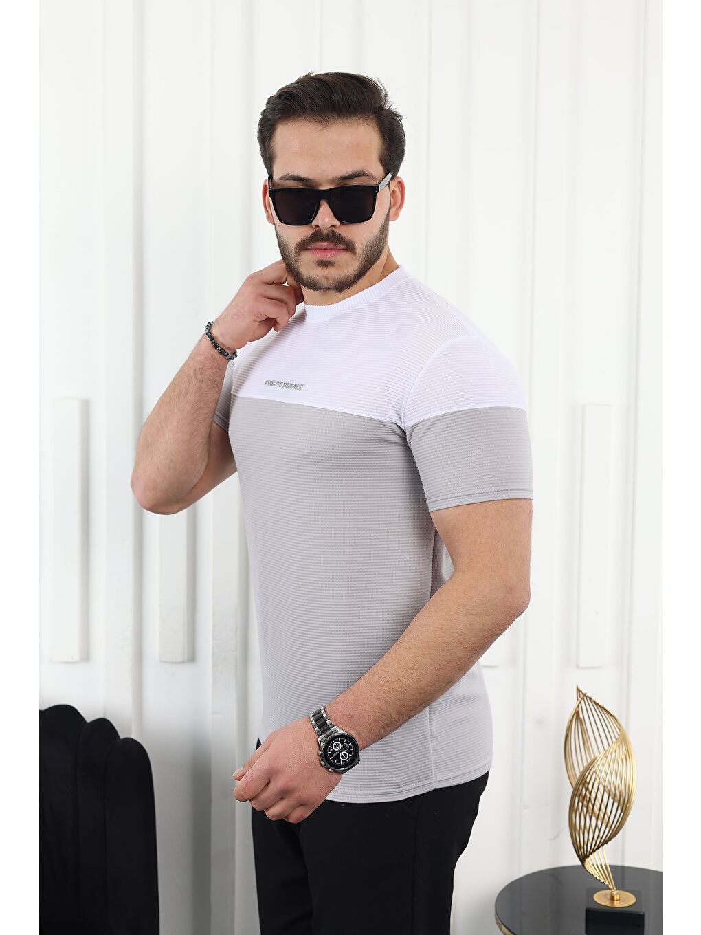 Gri Çift Renk Baskılı Tişört-2