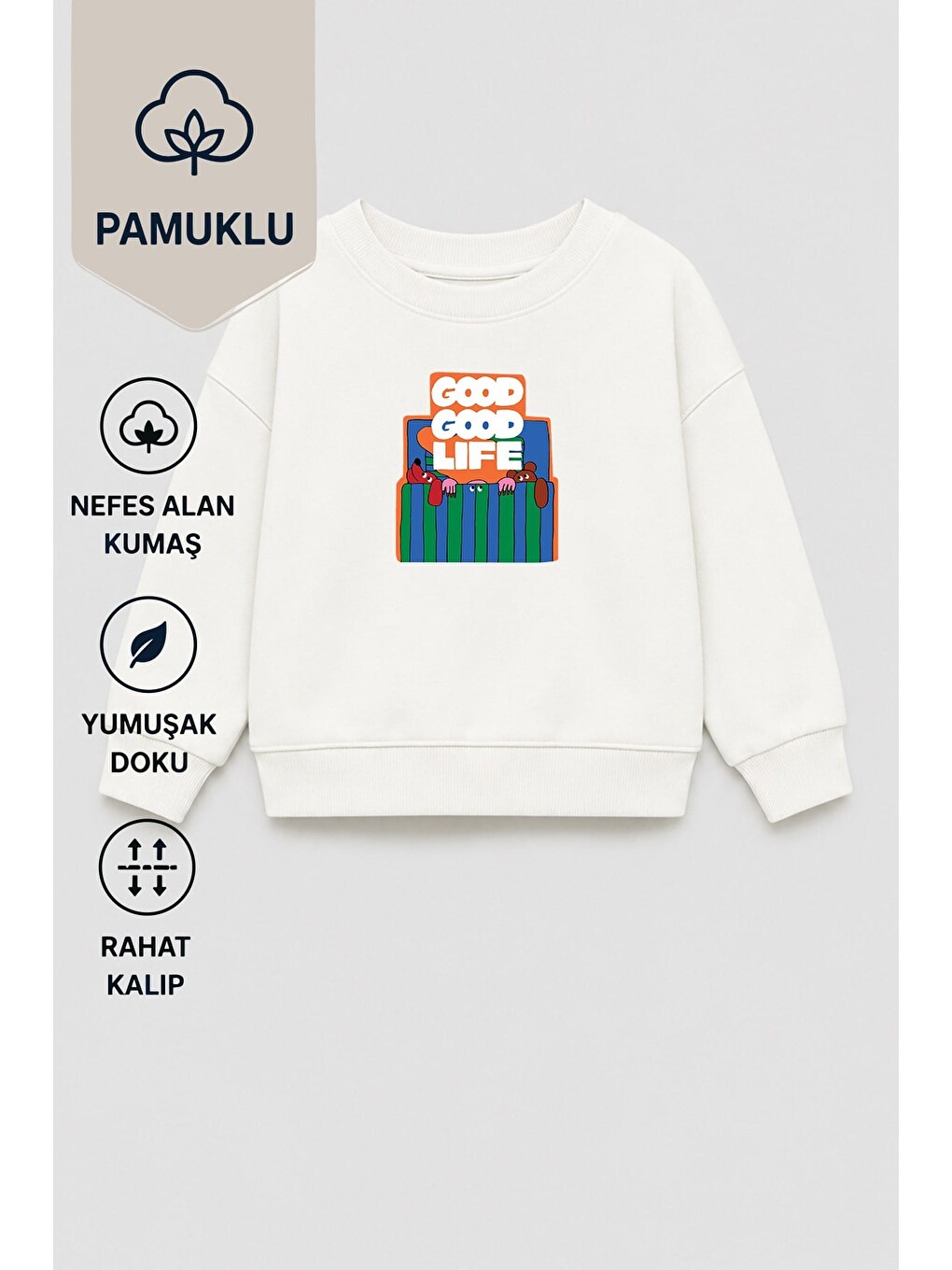 Ekru Unisex Çocuk 3 İplik Kumaş Pamuklu Baskılı Sweatshirt-1