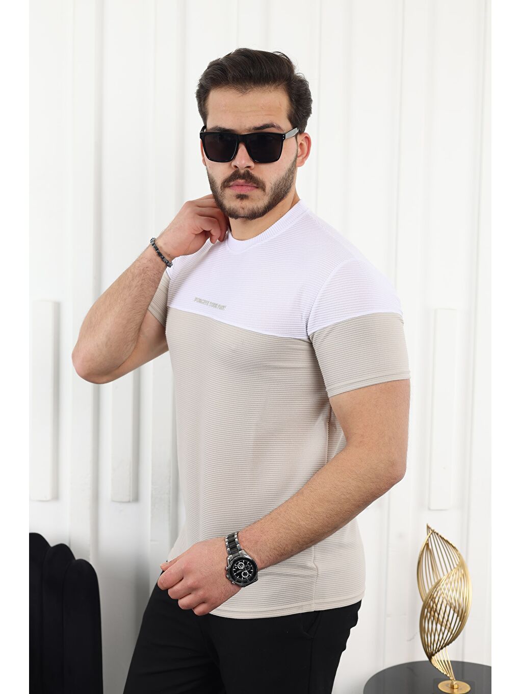 Bej Çift Renk Baskılı Tişört-2