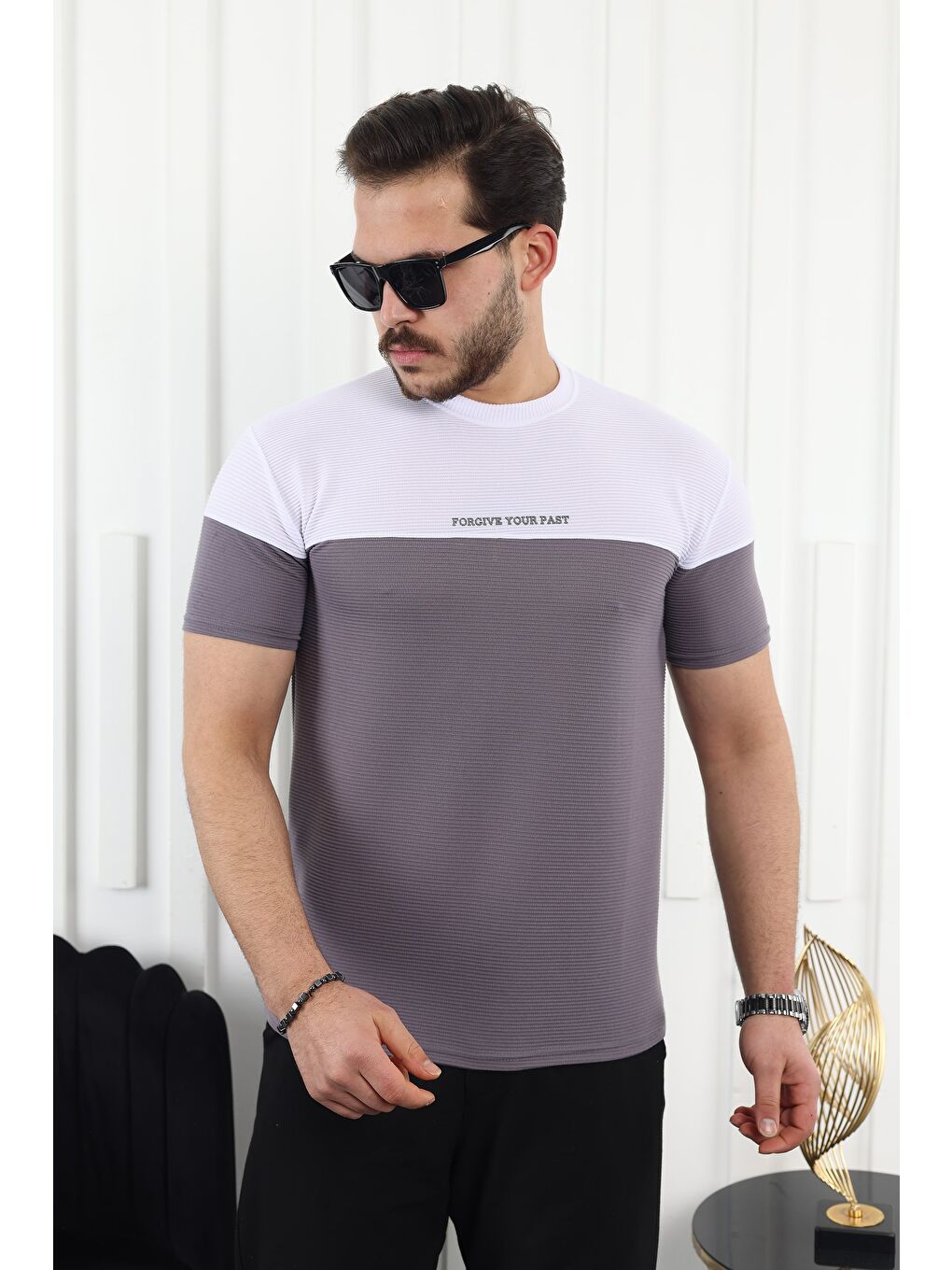 Gri Çift Renk Baskılı Tişört