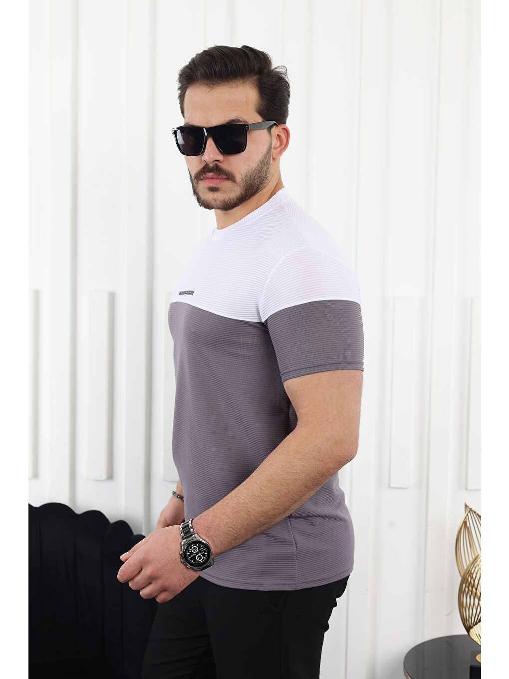 Gri Çift Renk Baskılı Tişört-2