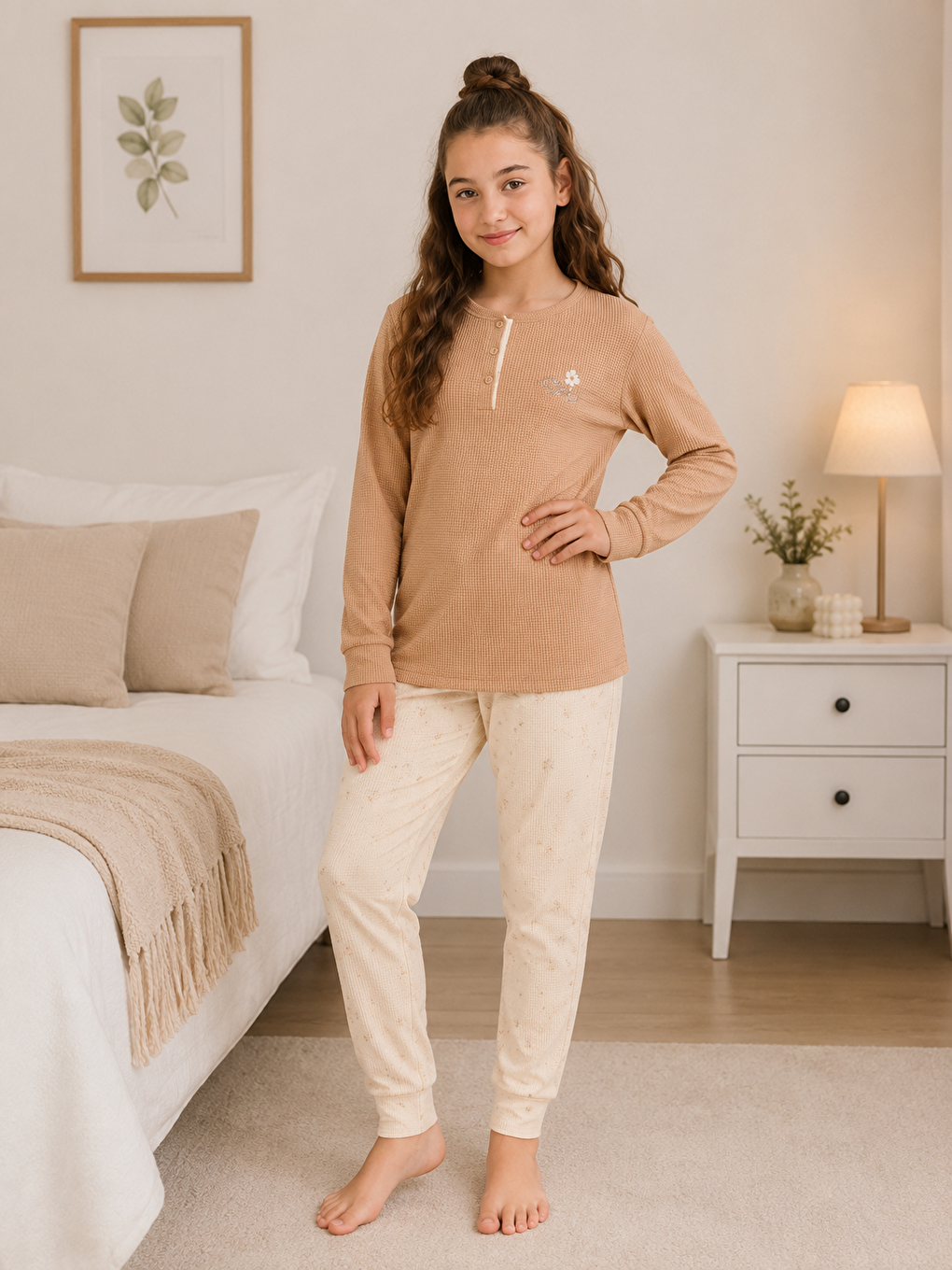 Kahverengi Kız Çocuk %100 Doğal Pamuk Manşet Paça Uzun Kollu Pijama Takımı