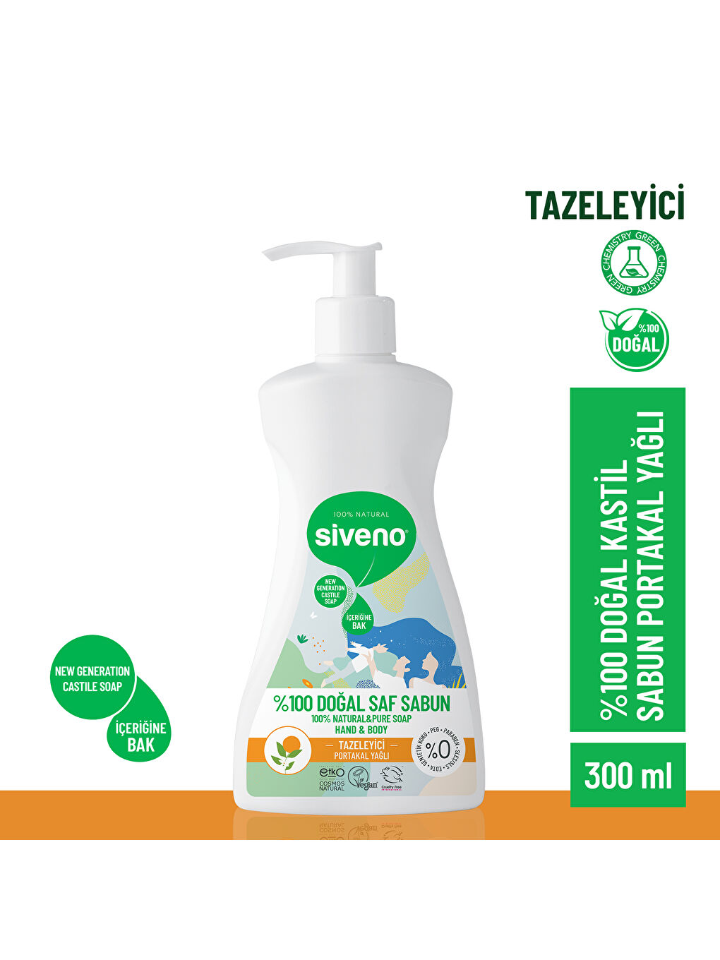 %100 Doğal Sıvı Kastil Sabun Portakal Yağlı Tazeleyici Nemlendirici Arındırıcı Bitkisel Vegan 300 ml