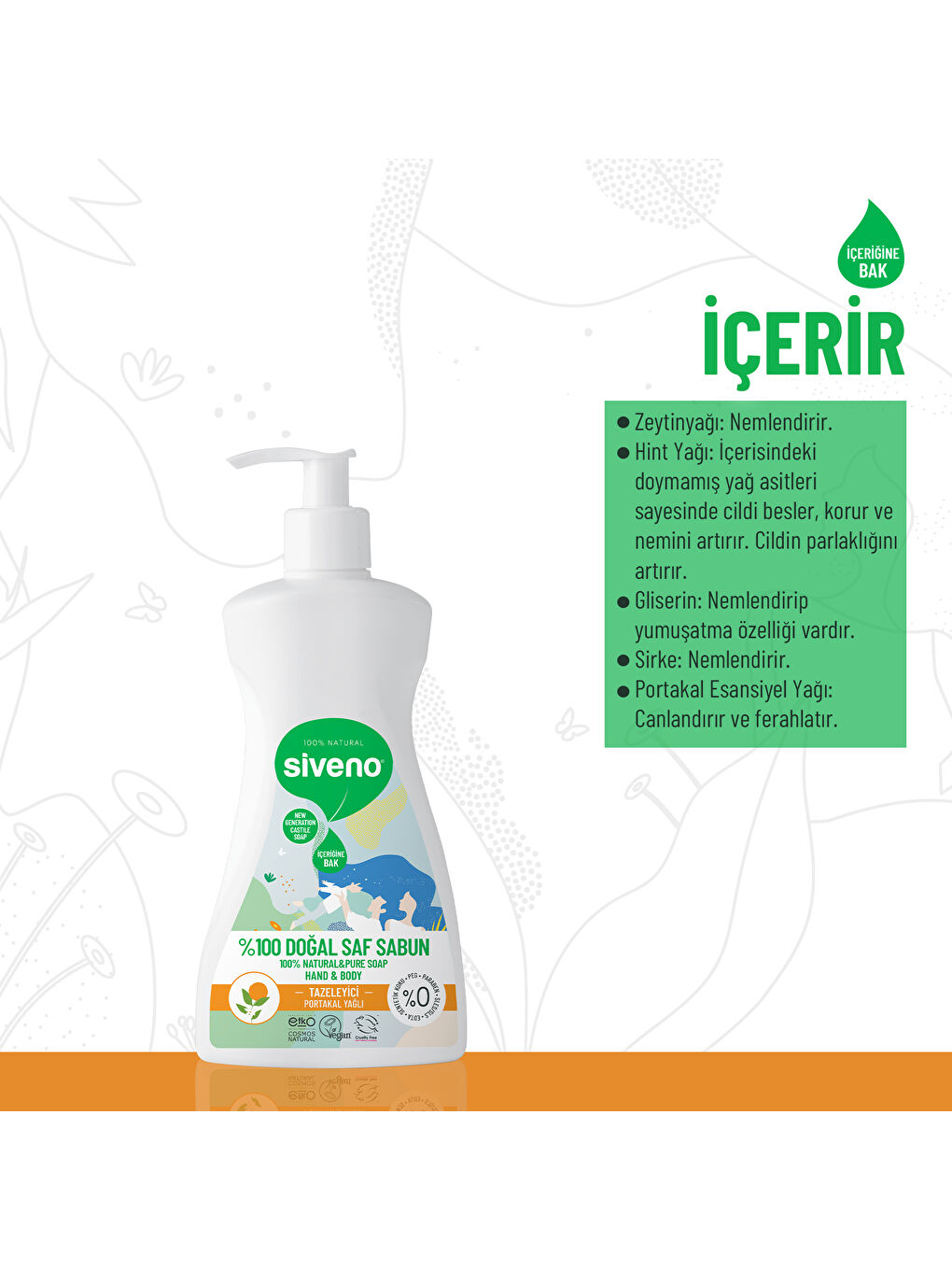 %100 Doğal Sıvı Kastil Sabun Portakal Yağlı Tazeleyici Nemlendirici Arındırıcı Bitkisel Vegan 300 ml-1