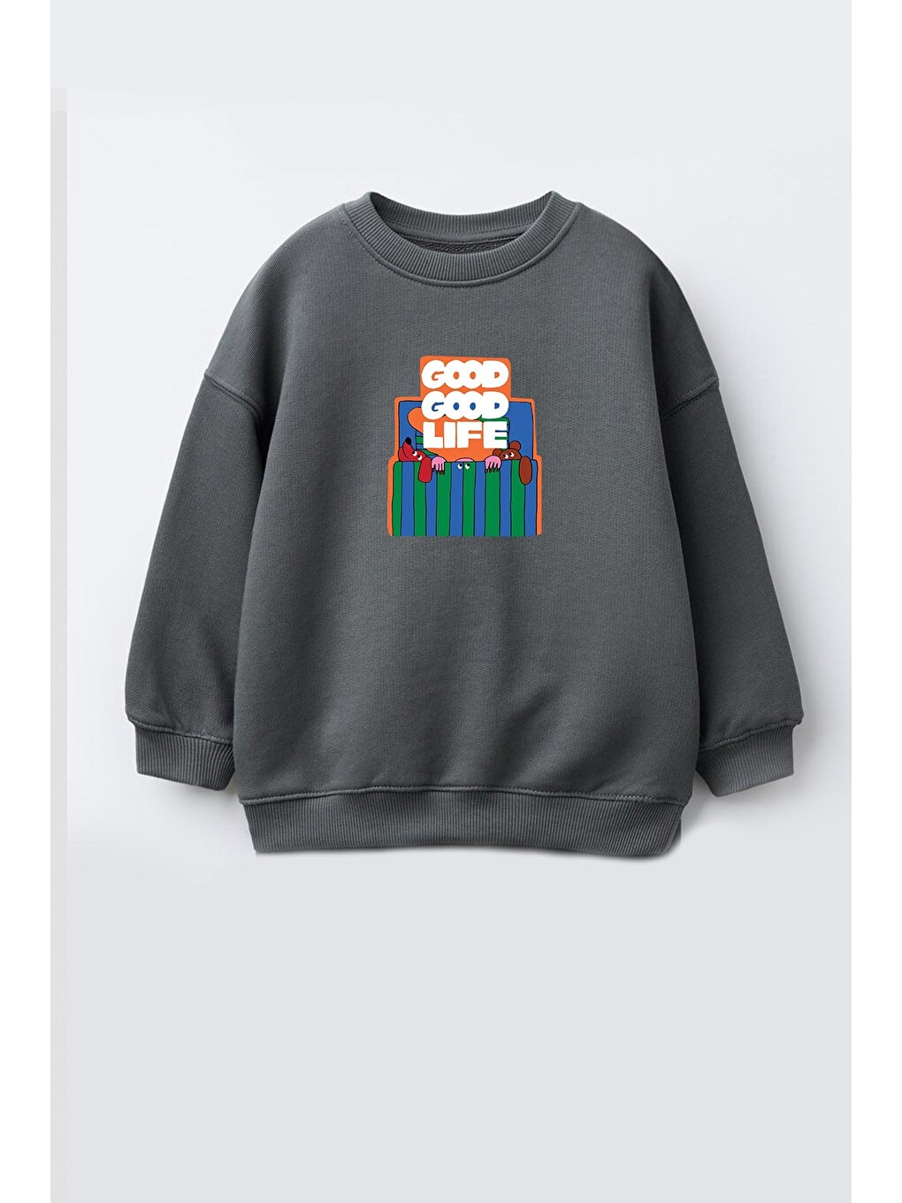 Antrasit Unisex Çocuk 3 İplik Kumaş Pamuklu Baskılı Sweatshirt