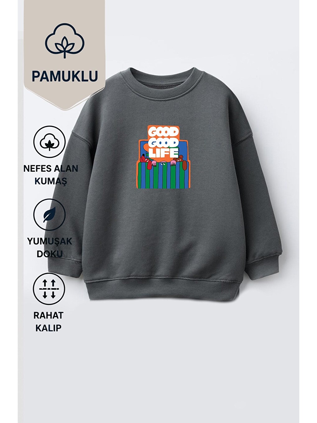 Antrasit Unisex Çocuk 3 İplik Kumaş Pamuklu Baskılı Sweatshirt-1