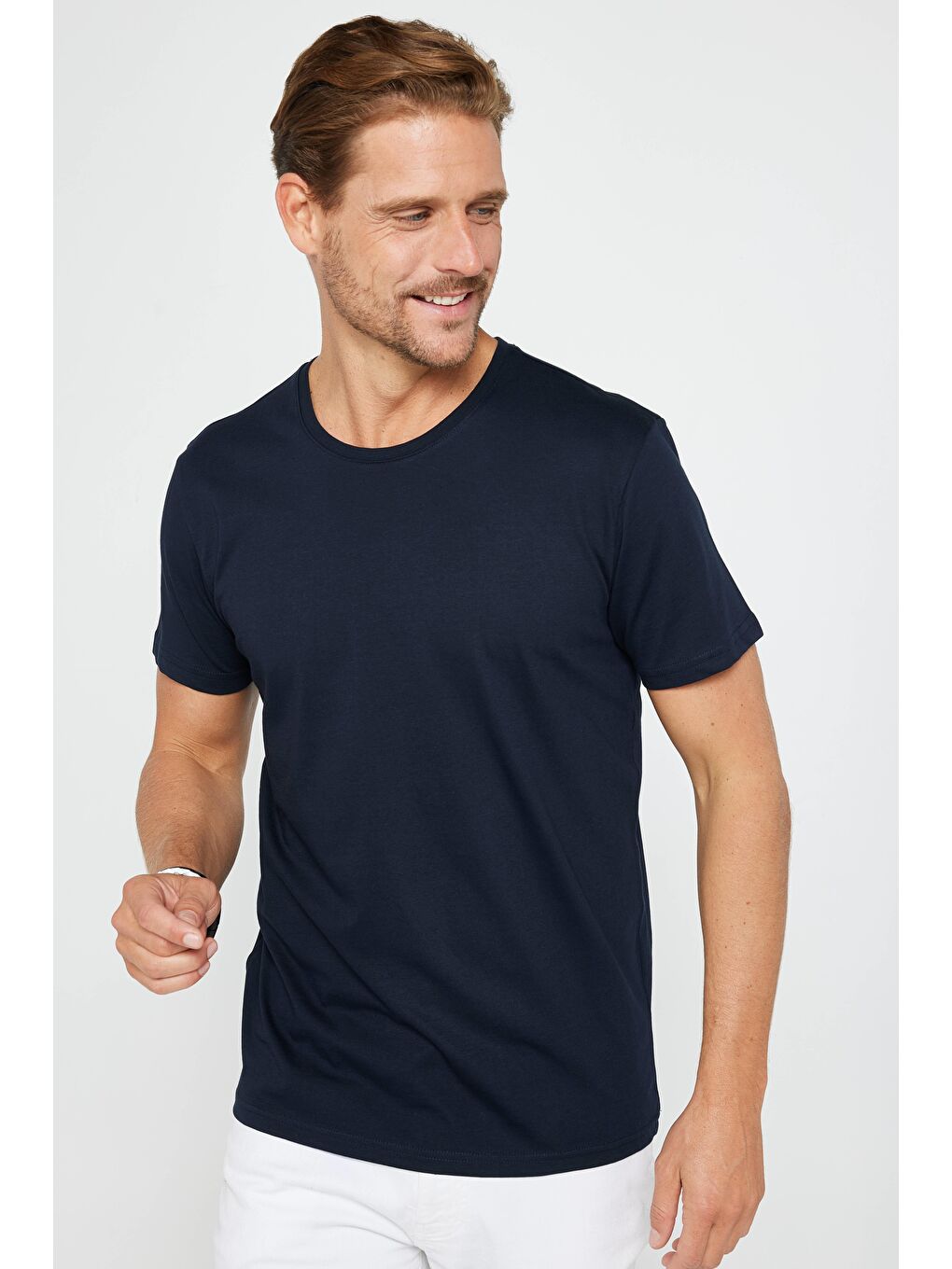 Siyah Unisex 2'Li Paket Beyaz-Lacivert Slim Fit Dar Kesim %100 Pamuk Bisiklet Yaka Tişört-3