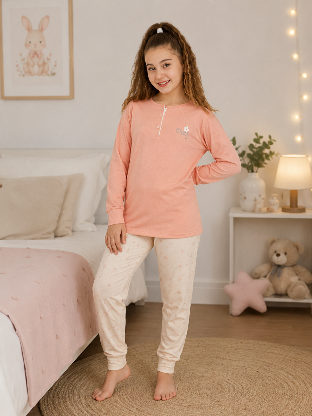 Pembe Kız Çocuk %100 Doğal Pamuk Manşet Paça Uzun Kollu Pijama Takımı-1