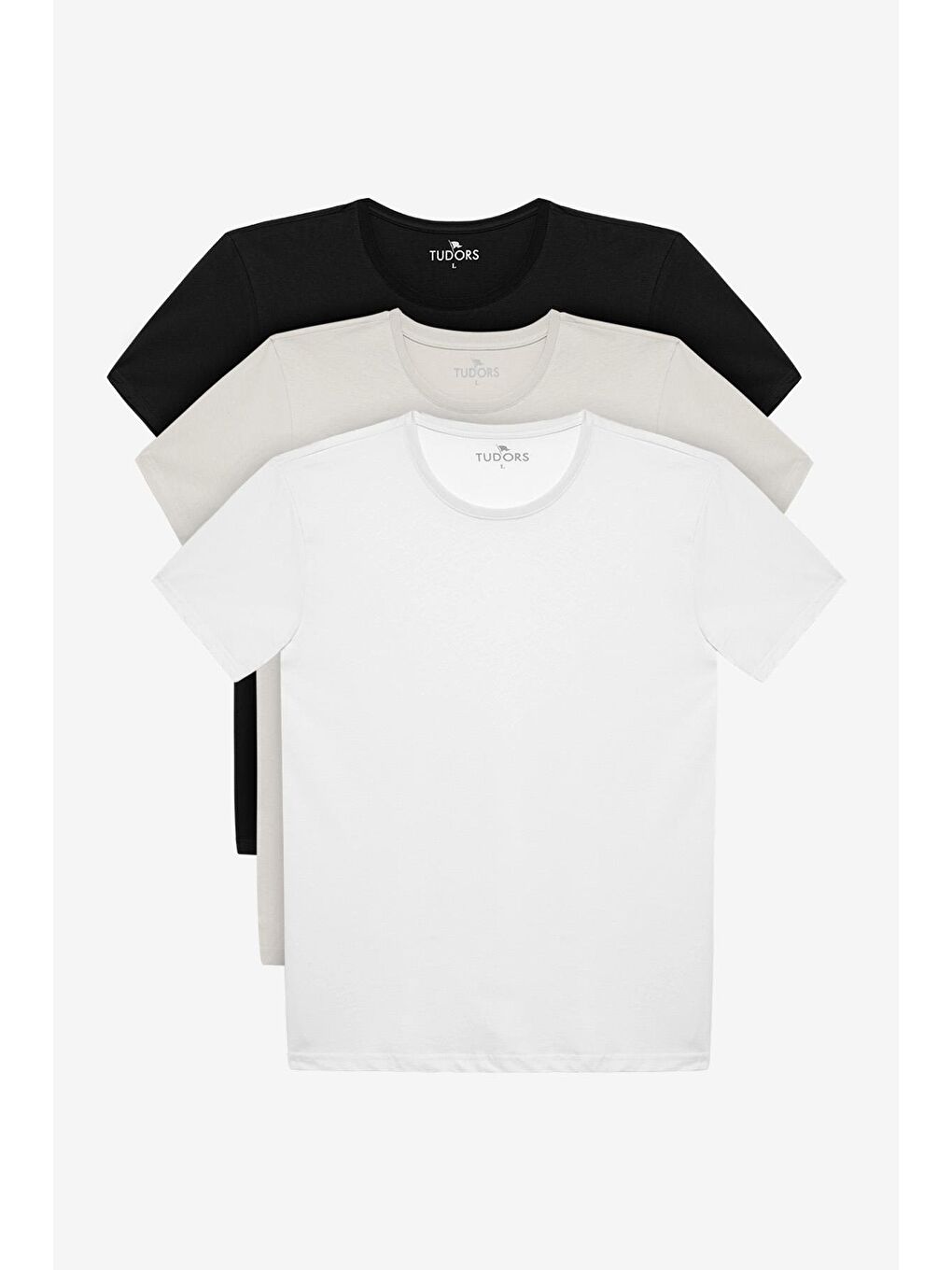 Unisex 3'Lü Paket Siyah-Beyaz-Taş Rengi Slim Fit Dar Kesim %100 Pamuk Bisiklet Yaka Tişört