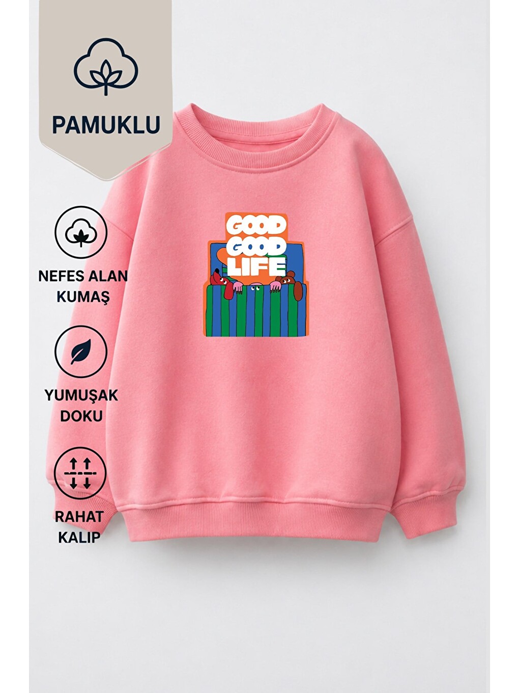 Pembe Unisex Çocuk 3 İplik Kumaş Pamuklu Baskılı Sweatshirt-1