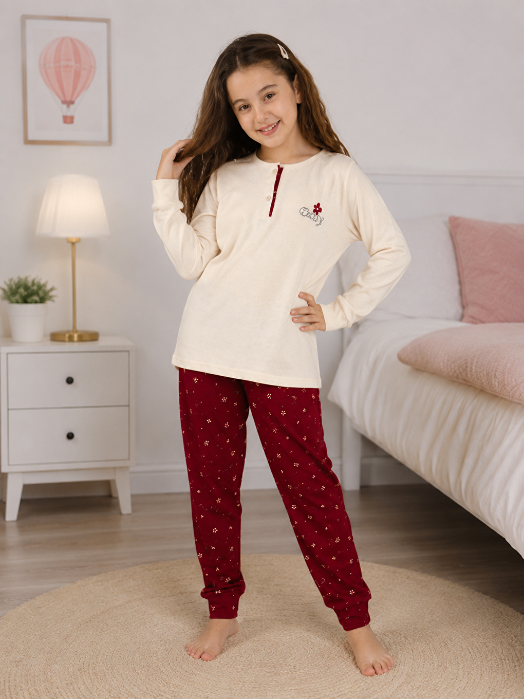 Ekru Kız Çocuk %100 Doğal Pamuk Manşet Paça Uzun Kollu Pijama Takımı