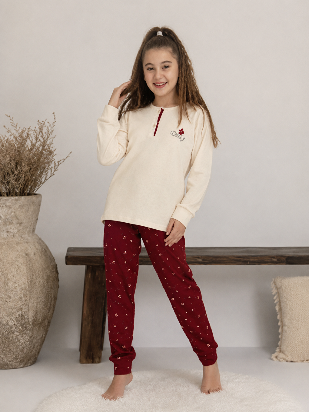 Ekru Kız Çocuk %100 Doğal Pamuk Manşet Paça Uzun Kollu Pijama Takımı-1
