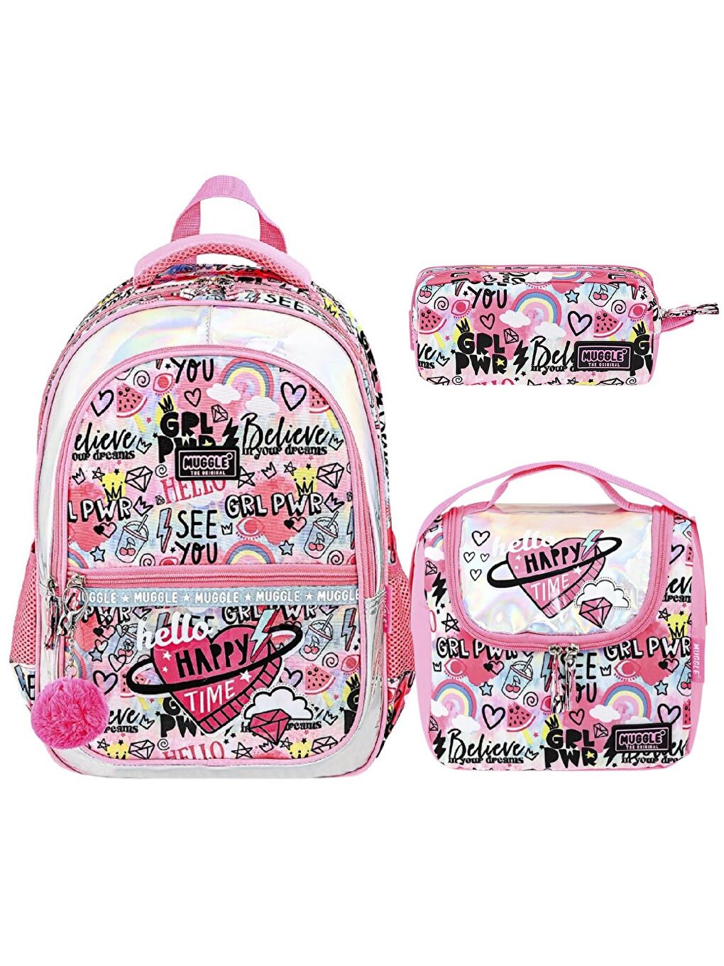 3 Bölmeli Happy Time Okul Çantası + Termoslu Beslenme Çantası + Kalemlik