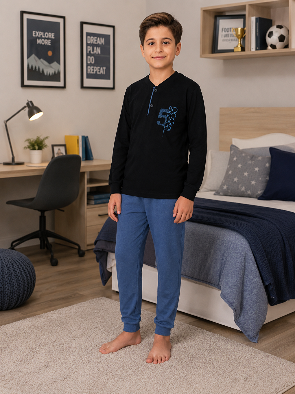 Lacivert Erkek Çocuk %100 Doğal Pamuk Manşet Paça Uzun Kollu Pijama Takımı-1