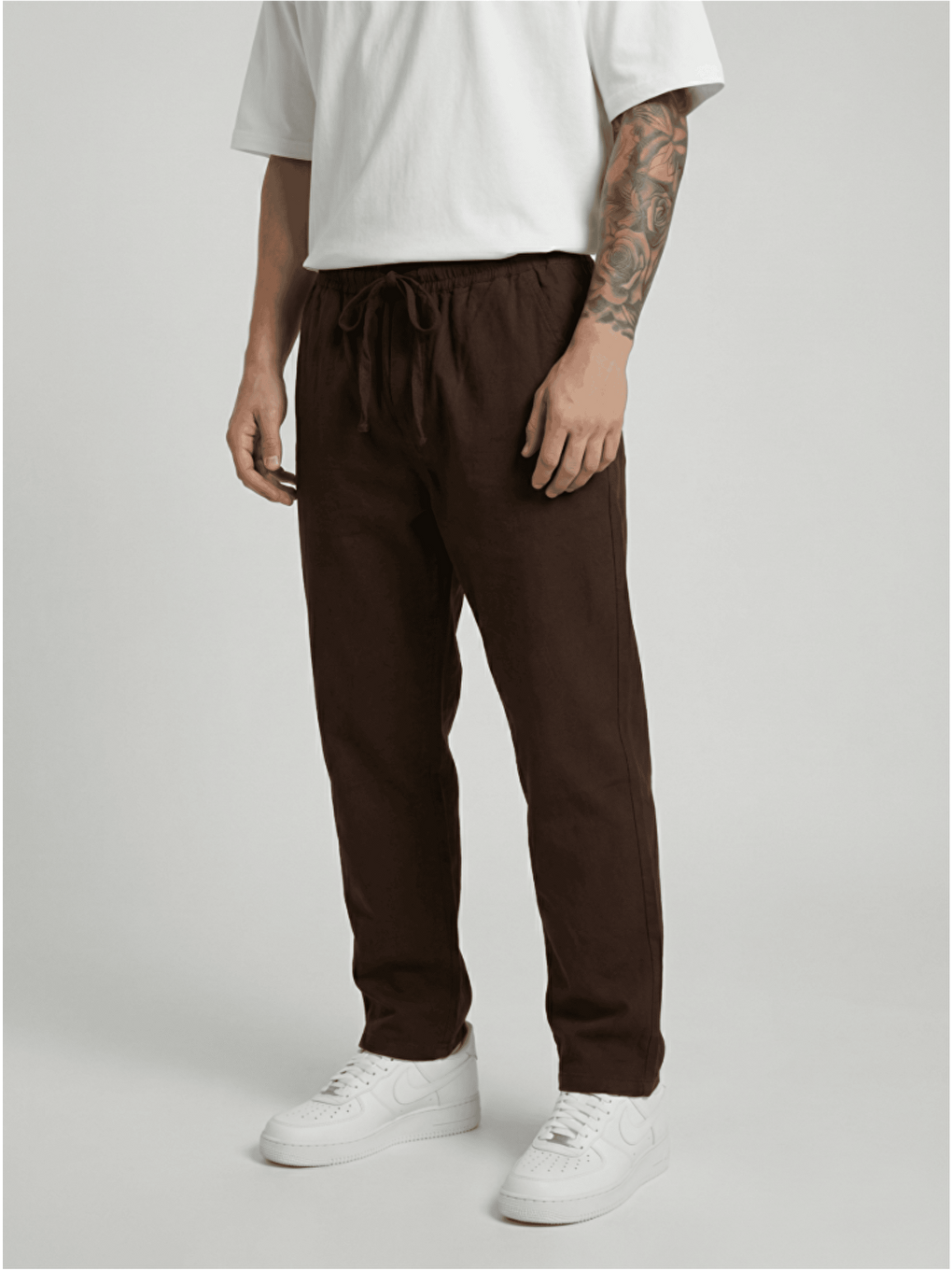 Erkek Beli Lastikli Bağcıklı Pamuk Keten Görünümlü Pantolon Kahverengi-1