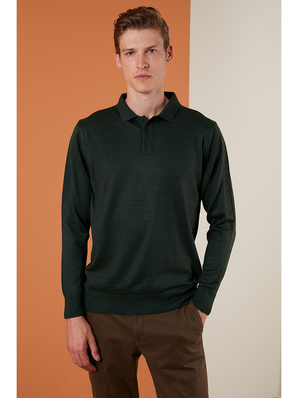 Yeşil Yünlü Düğmeli Polo Yaka Triko Kazak 518POLO-1