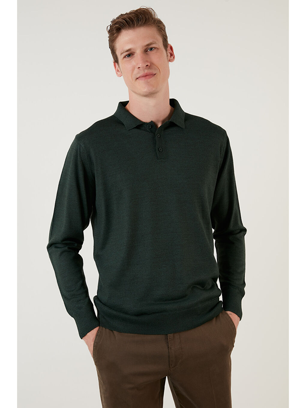 Yeşil Yünlü Düğmeli Polo Yaka Triko Kazak 518POLO-2