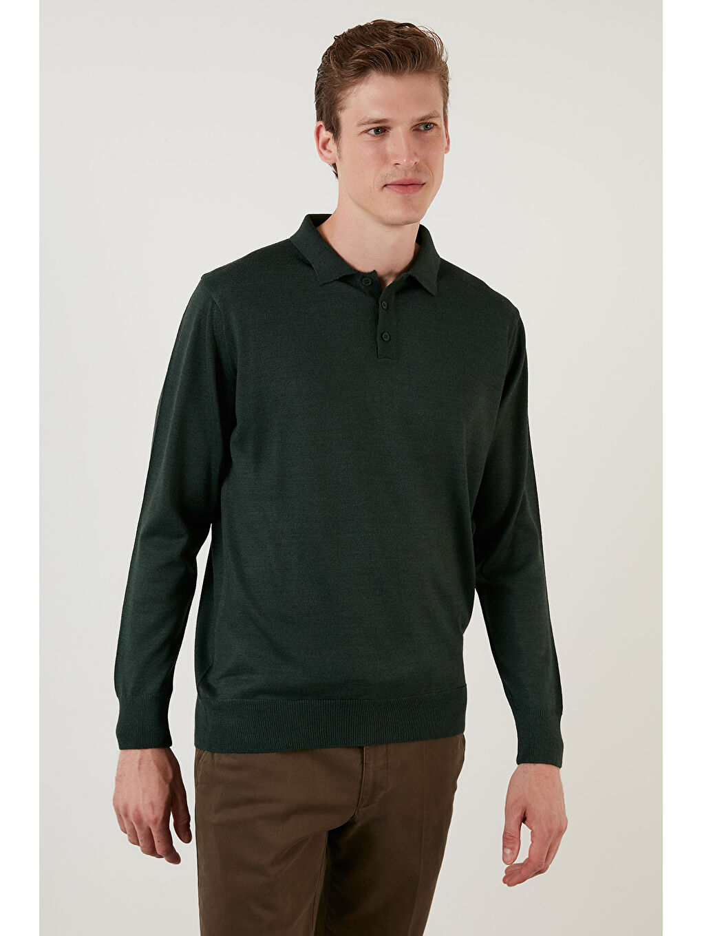 Yeşil Yünlü Düğmeli Polo Yaka Triko Kazak 518POLO-3