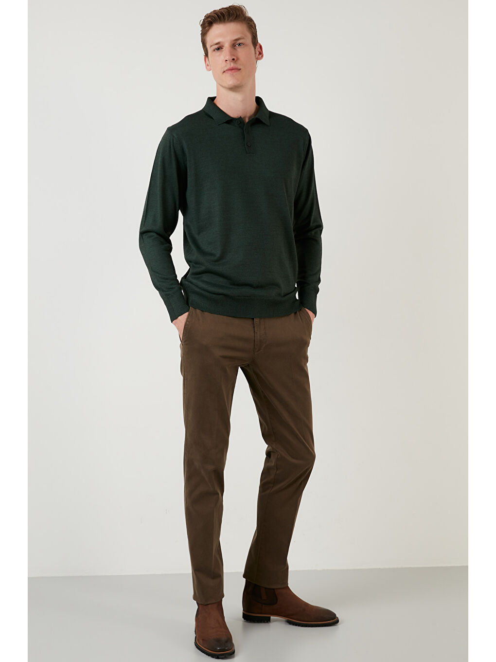 Yeşil Yünlü Düğmeli Polo Yaka Triko Kazak 518POLO-4