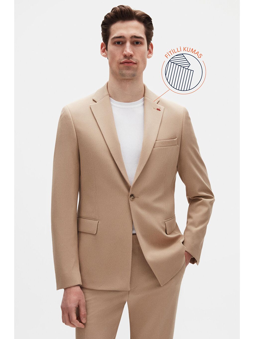 Twn Slim Fit Bej Fitilli Örme Takim Elbise