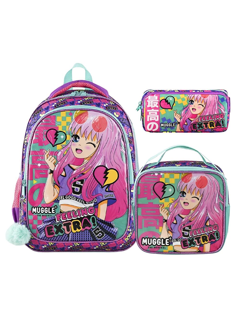 2 Bölmeli Anime Çanta + Termoslu Beslenme Çantası + Kalemlik