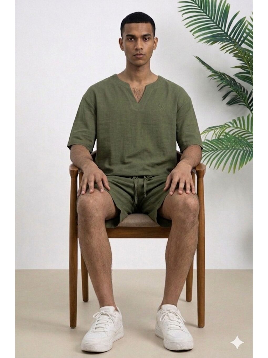 Haki Erkek Oversize Şort Takım V Yaka Yırtmaçlı Tişört Rahat Kesim Yazlık Takım-1
