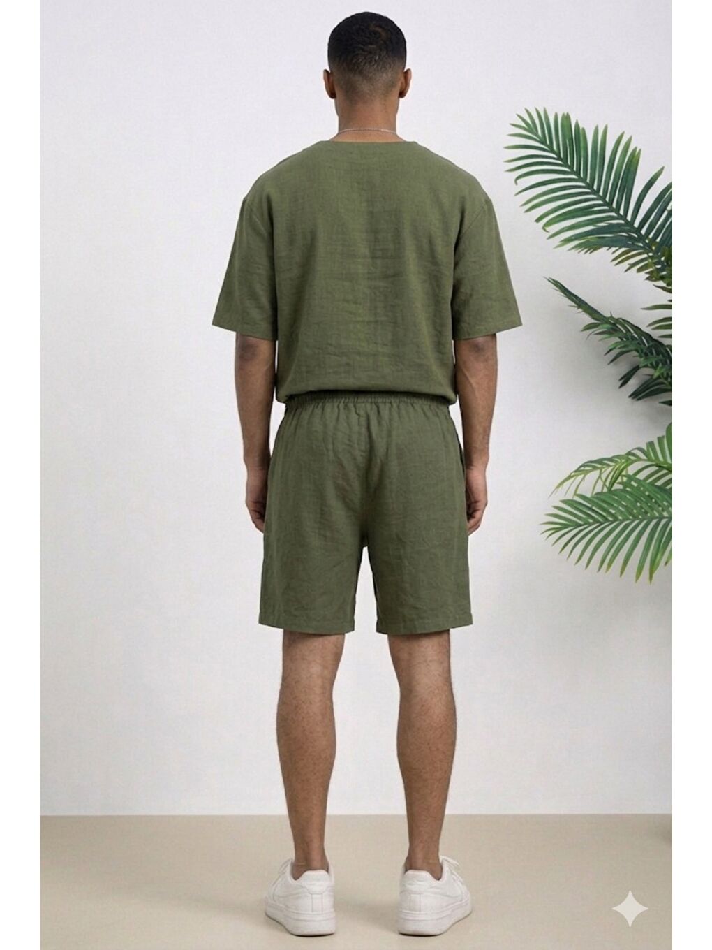 Haki Erkek Oversize Şort Takım V Yaka Yırtmaçlı Tişört Rahat Kesim Yazlık Takım-2