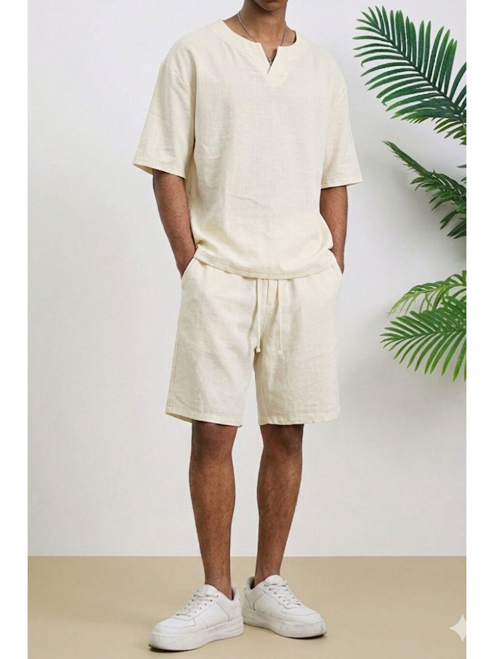 Bej Erkek Oversize Şort Takım V Yaka Yırtmaçlı Tişört Rahat Kesim Yazlık Takım