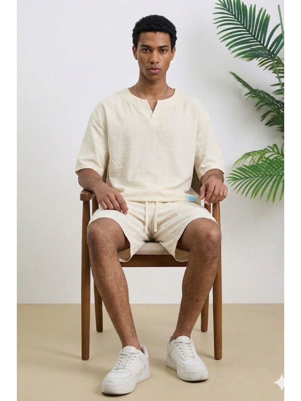 Bej Erkek Oversize Şort Takım V Yaka Yırtmaçlı Tişört Rahat Kesim Yazlık Takım-1