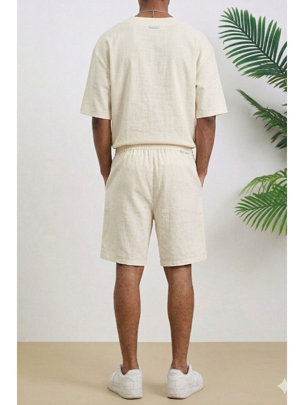 Bej Erkek Oversize Şort Takım V Yaka Yırtmaçlı Tişört Rahat Kesim Yazlık Takım-2
